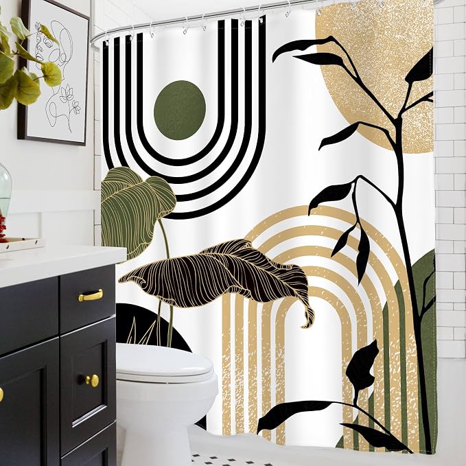 Glawry Green Gold Abstract Mid Century Shower Curtain Boho Retro Tropical Palm Sun Arch Minimalist Bathroom Modern Aesthetic Geometric 60Wx72L Inches Bath Accessories Home Decor Fabric 12 Pack Hooks