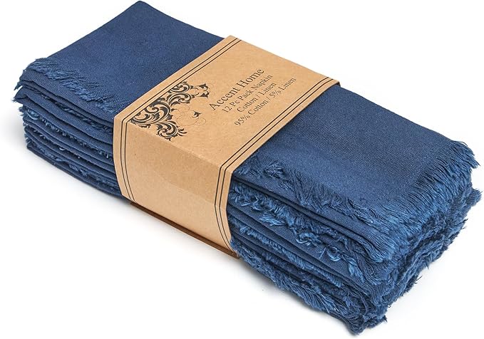 ACCENTHOME Navy Cotton Linen Napkin Set of 12 18x18 inch Dinner Napkins - Washable Soft Premium Hotel Quality Reusable Hemmed Edges Napkins Perfect Table Linens for Family Dinners, Weddings
