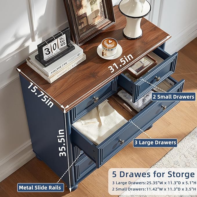 Farmhouse 5 Drawer Dresser, Blue Rustic Chest of Drawers, 35.5" Tall Small Dressers for Bedroom with Roman Column and Metal Handles,Wood Storage Organizer for Living Room, Hallway, Closet