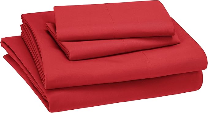Amazon Basics Kid's Soft Easy-Wash Lightweight Microfiber 4-Piece Sheet Set, Full, Red, Solid