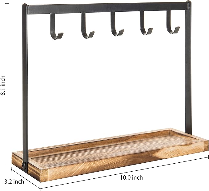 MyGift Black Metal Entryway Key Holder with 5 Hooks and Burnt Wood Base, Tabletop Necklace and Jewelry Organizer Rack with Ring Tray