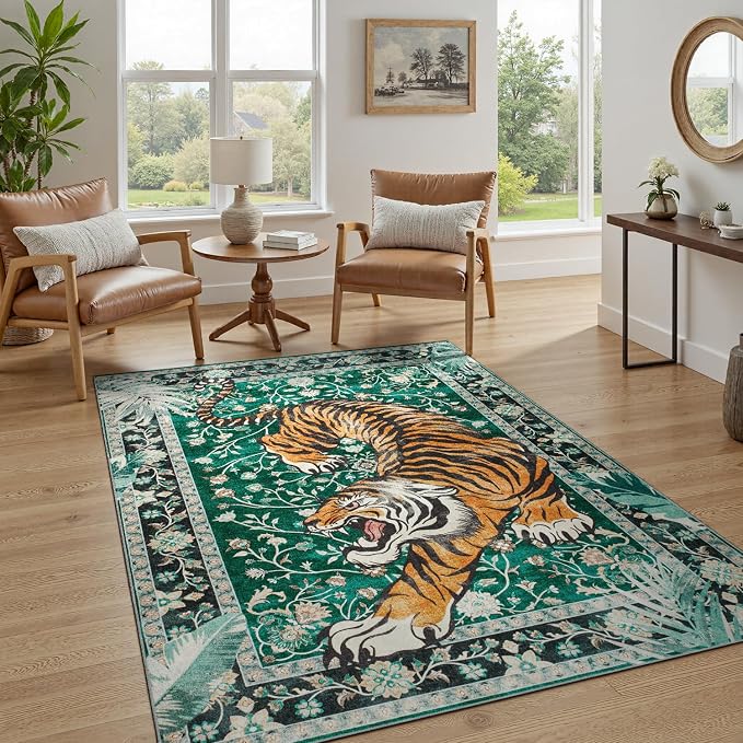 DCX Washable 6x9 Tiger Area Rug, Green Vintage Animal Rug for Living Room, Soft Low Pile Carpet, Kid & Pet Friendly with Rubber Back Non Slip, Stain Resistant Rug for Bedroom Dining Room Office