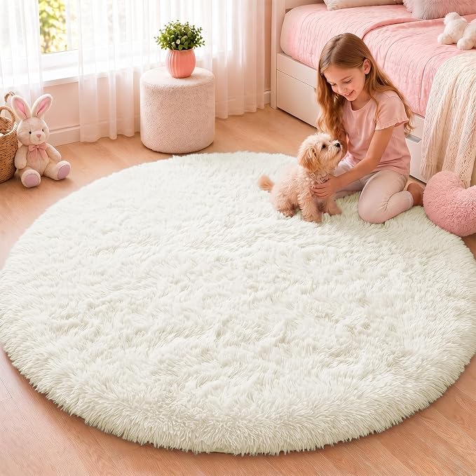 OLANLY Ivory Round Rugs for Bedroom - Machine Washable, 4 ft Circle Area Rugs for Living Room, Soft and Fluffy Shaggy Carpet for Teen Girls and Boys, Nursery Rooms, Dorms, Home Decor Aesthetic