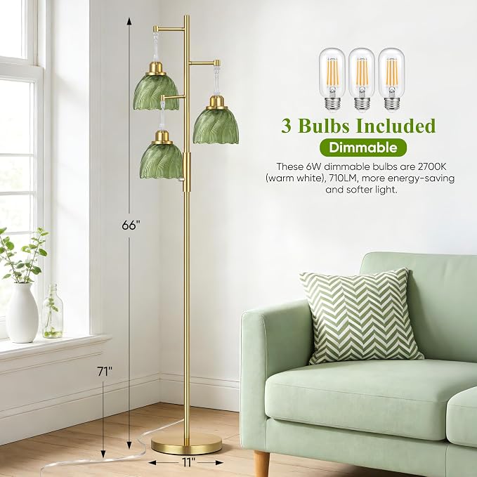 ROTTOGOON Dimmable Gold Floor Lamps for Living Room, Vintage Tree Standing Lamp with Glass Shades, 3 Light Mid Century Flower Floor Lamps for Bedroom, Office, 6W, Brushed Gold & Green Shades