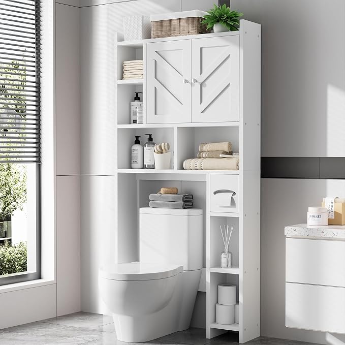 Over the Toilet Storage Cabinet, Freestanding Storage Cabinet Over Toilet, Bathroom Storages Organizer Cabinets with Toilet Paper Holder Stand and Adjustable Shelf, White
