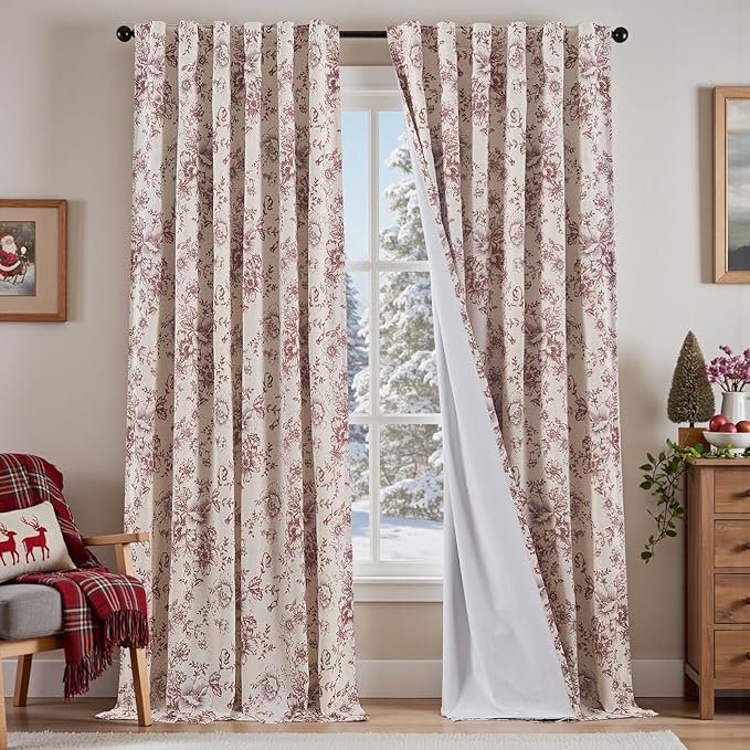 jinchan Blackout Floral Curtains Linen Blend Curtain for Living Room 96 Inch Length Christmas Brick Red Flower Printed Drapes for Bedroom Rod Pocket Back Tab Farmhouse Curtains Set 2 Panels