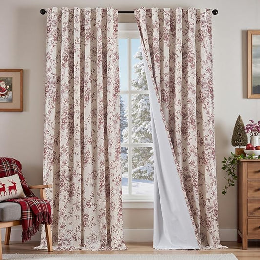 jinchan Blackout Floral Curtains Linen Blend Curtain for Living Room 96 Inch Length Christmas Brick Red Flower Printed Drapes for Bedroom Rod Pocket Back Tab Farmhouse Curtains Set 2 Panels