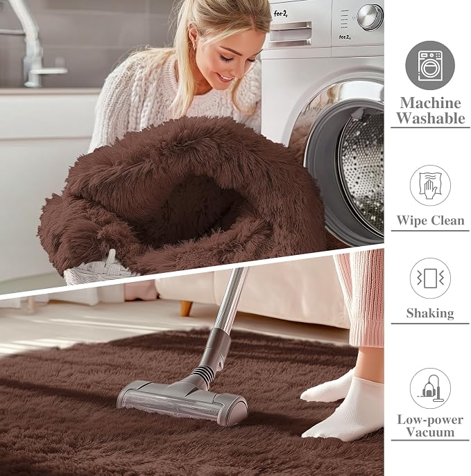 OLANLY 3x3 Machine Washable Small Bedside Rug, Soft Fluffy Shaggy Entryway Throw Rugs for Bedroom, Living Room, Indoor Floor Carpet for Kids Girls and Boys, Nursery Rooms, Home Decor Aesthetic, Coffee