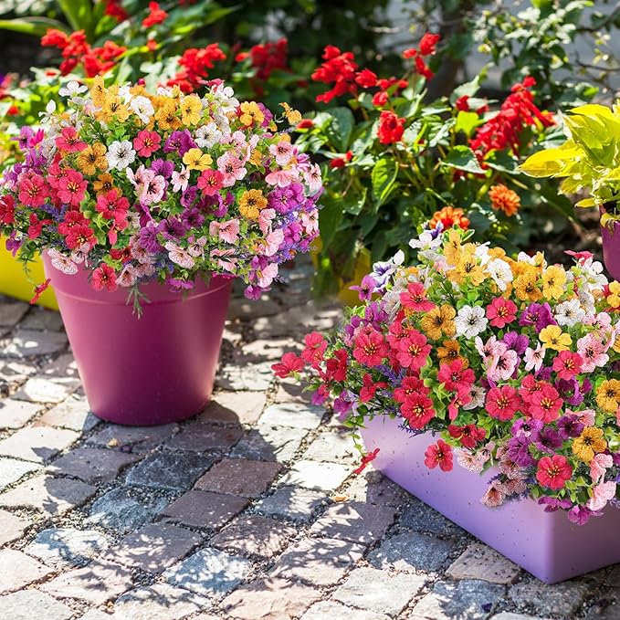 Artificial Fake Outdoor Plants Flowers for Outside Spring Summer Decoration, 12 Bundles Faux Silk Realistic UV Sun Resistant Colorful Mix Daisy Lavender for Porch Patio Window Box Yard Home Decor