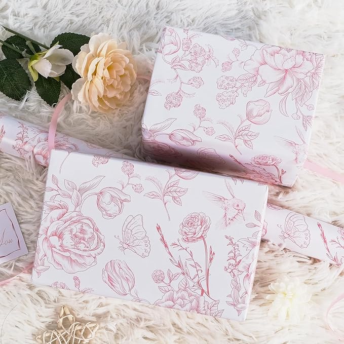 RayofSun Pink Floral Wrapping Paper Roll 17 in x 16.5 ft Mini Roll Vintage Toile Flower Gift Wrap Paper for All Occasion Wedding Birthday Bridal Shower Party Baby Shower Christmas