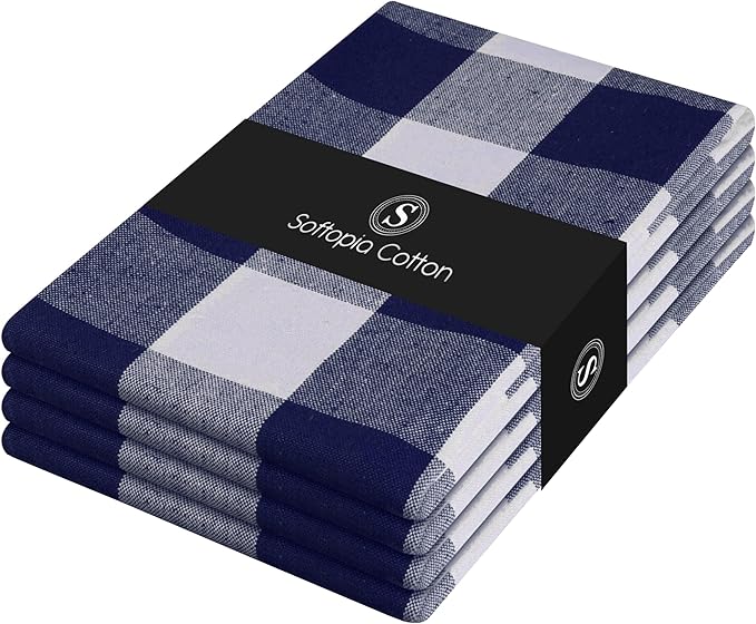 Navy Blue Buffalo Check Kitchen Towels, 4 Pack, 100% Cotton, 16x26 Inches, Soft, Absorbent, Quick Dry, Dish Cloths, Bar & Restaurant Cleaning Towels with Hanging Loop, Navy White