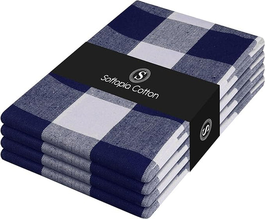 Navy Blue Buffalo Check Kitchen Towels, 4 Pack, 100% Cotton, 16x26 Inches, Soft, Absorbent, Quick Dry, Dish Cloths, Bar & Restaurant Cleaning Towels with Hanging Loop, Navy White