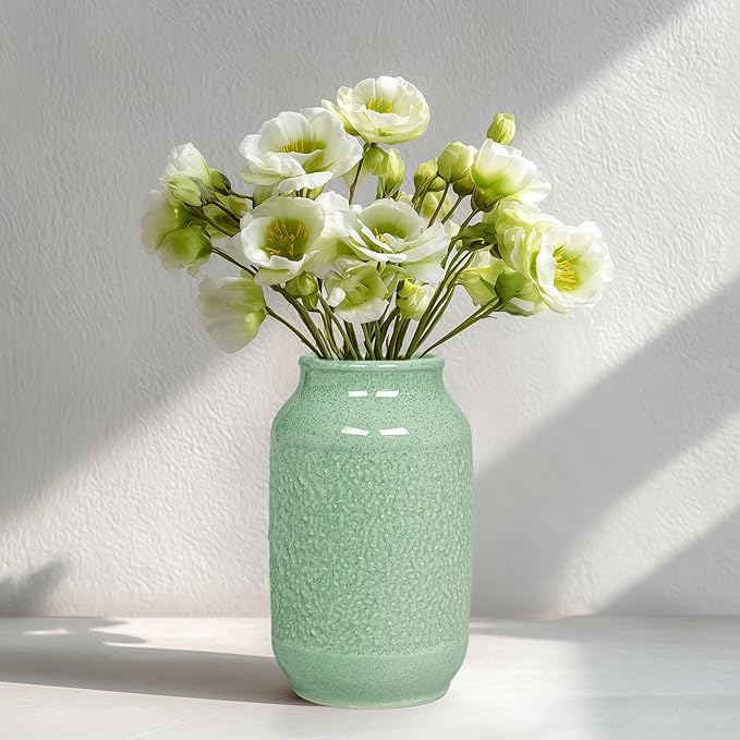 Ceramic Vase, 9 Inch Modern Green Flower Vases for Home Decor, Dining Table,Entryway, Living Room, Bathroom, Bookshelf, Bedroom, Kitchen, Mantle, Office, Foyar