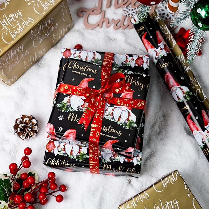 MAYPLUSS Christmas Wrapping Paper Roll - 17IN X 33FT - Gnome Gift Wrapping Paper Featuring white Snowflake Against black Reversible Merry Christams for Kids, Holiday, New Year