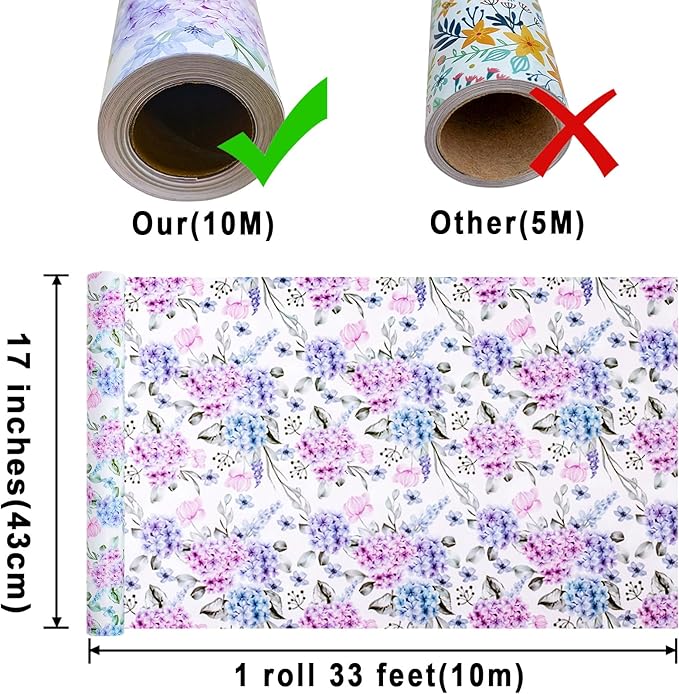Yarcony Blue Floral Wrapping Paper Roll - Mini Roll,17 Inch X 33 Feet - Elegant Watercolor Hydrangea Flower Gift Wrap for Wedding, Bridal Shower, Anniversary, Mother's Day, Birthday