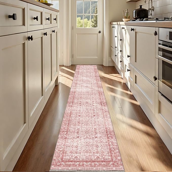 OPPODREAM Vintage Pink 2x12 Runner Rug, 2 x 12 Retro Washable Rug Non Slip, Low-Pile Faux Wool Carpet, Distressed Floor Mat for Kitchen, Hallway, Entry-Way, Entrance, Indoor Back Door