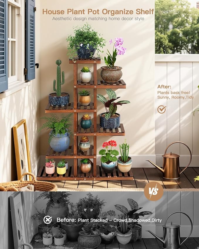 6 Tiered Wood Indoor Plant Stand for Multiple Plants ,Narrow Corner Potted Plant Shelf Holder Rack , Multi Rustic Flower Stand Shelves for Patio,Corner,Apartment,Outdoor,38.2"" Tall