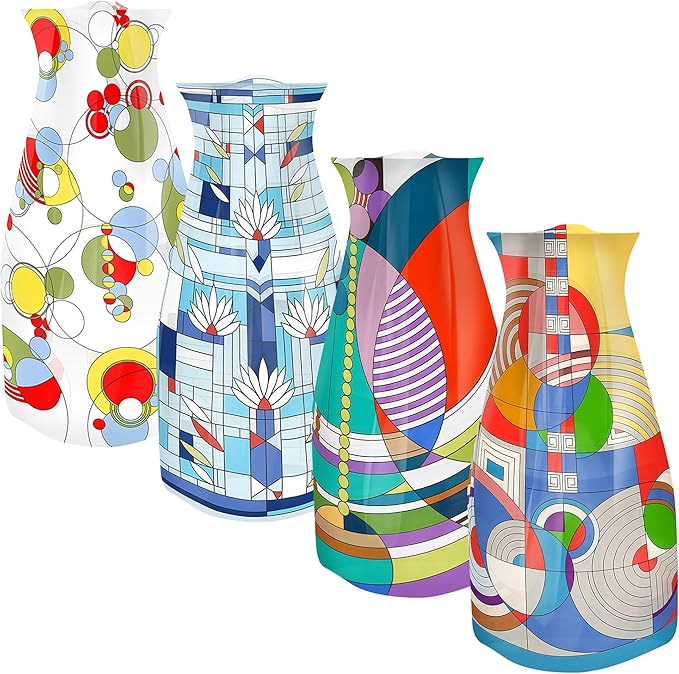 MODGY Expandable Flower Vase Set, Plastic Decorative Modern Foldable Printed Vases for Centerpieces for Wedding, Dining Table, Home Decor, Living Room, Bathroom, Office, Frank Lloyd Wright, 4 Pack
