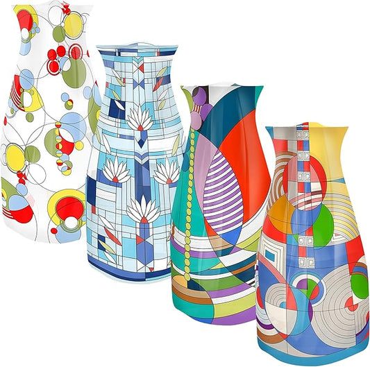 MODGY Expandable Flower Vase Set, Plastic Decorative Modern Foldable Printed Vases for Centerpieces for Wedding, Dining Table, Home Decor, Living Room, Bathroom, Office, Frank Lloyd Wright, 4 Pack