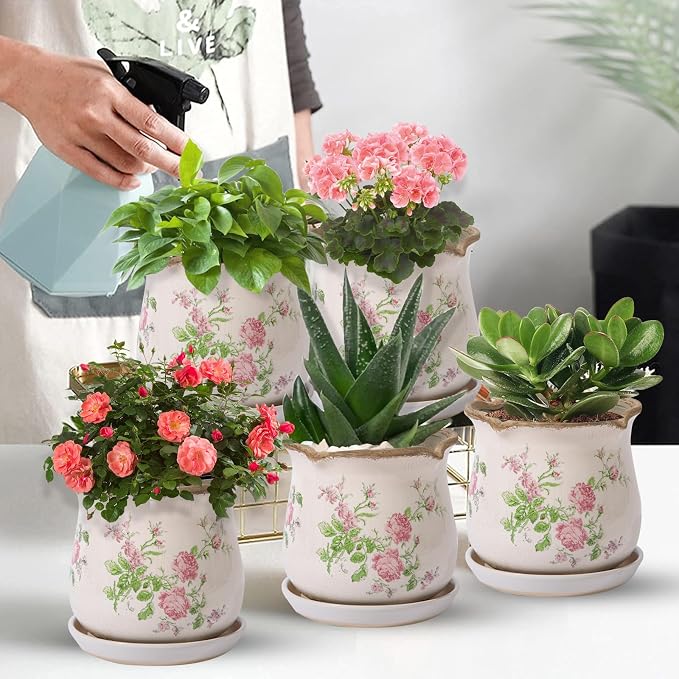 Ceramic-Planters-for-Indoor-Plants with Saucer, 6 inch Vintage Ice Crack Glaze Plant Pots with Drainage Holes, Decorative Flower Pots for Outdoor Garden Home Decor, Tuscan Pot for Plant