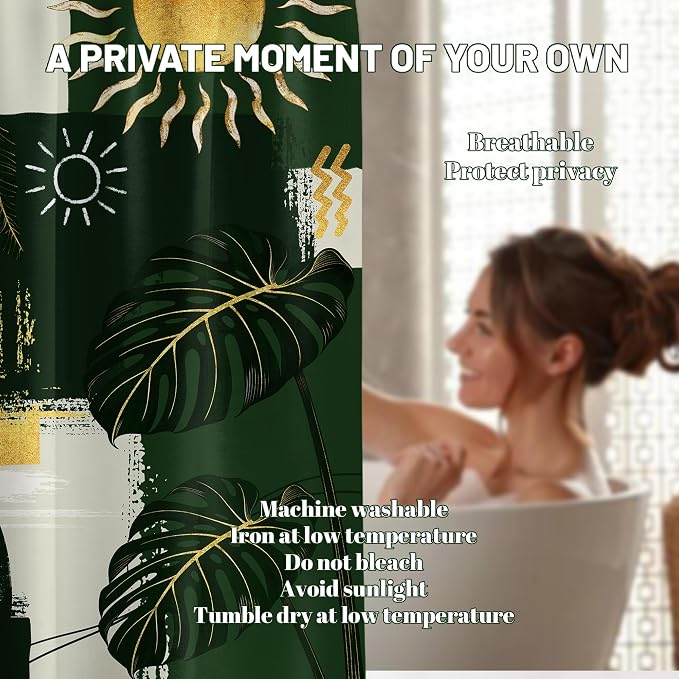 Extra Long Shower Curtain 96 Inchs Extra Tall Green and Gold XL Abstract Leaf Shower Curtains for Large Bathroom Decor Sets, Waterproof Cloth Fabric with Hooks, 70 x 96 Inch