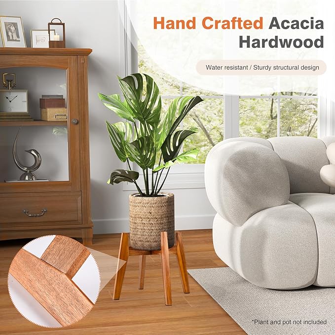RAINBLELAND Acacia Wood Plant Stand for 9 Inch Pots, Mid Century Modern Indoor Plant Stand, Solid Hardwood, Non-Adjustable Flower Pot Holder for Home and Patio Décor