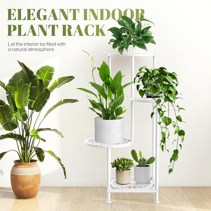 4 Tier Plant Stand Indoor Outdoor, Metal Flower Shelf Display Holder, Multiple Plants Corner Tall Flower Holders for Patio Balcony Porch Garden Living Room (White)