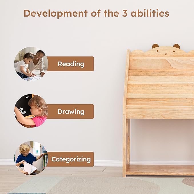 Woodtoe 5 Tier Montessori Bookshelf with Toy Storage, Large Toddler Bookshelf with Chalkboard, Baby Bookcase Book Display Shelve for Kids Bedroom, Nursery, Classroom, Kids Furniture for Boys Girls 1+