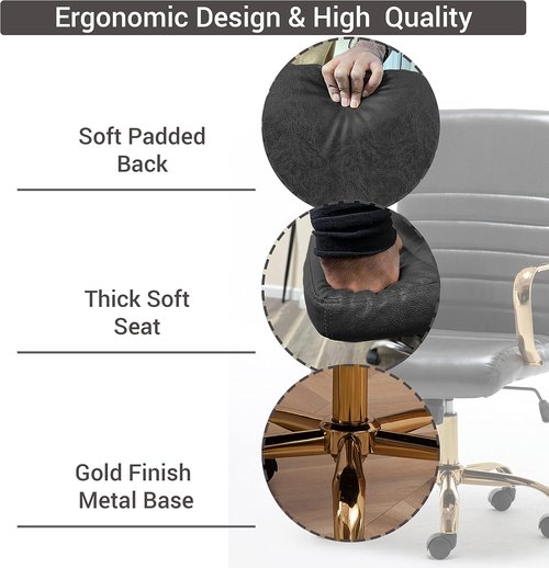 BTEXPERT Executive Chair - Gray Faux Leather with Golden Arms & Lumbar Support | High Back Desk Armchair