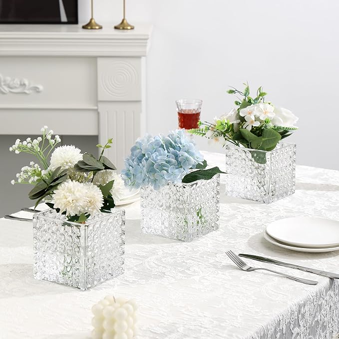 MARTAGE Square Vases Set of 6, 4" x 4" x 4" Square Glass Vases for Flowers, Clear Flower Vase for Centerpieces, Small Bubble Vase for Wedding, Party, Home, Office, Parties, Events