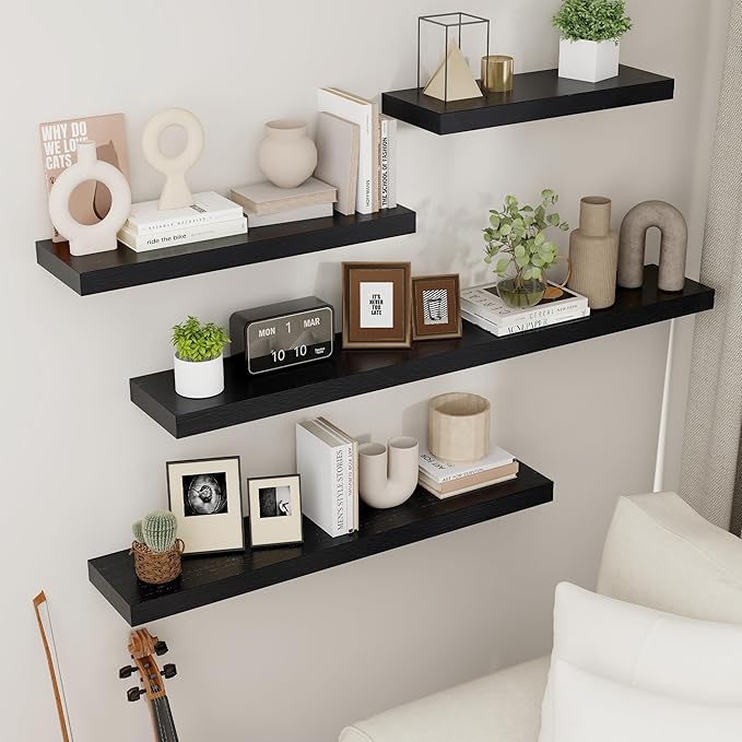 fuqing Floating Shelves for Wall - Black Wood Wall Shelves Set of 3 - Modern Style Wooden Shelves for Room Decor & Storage