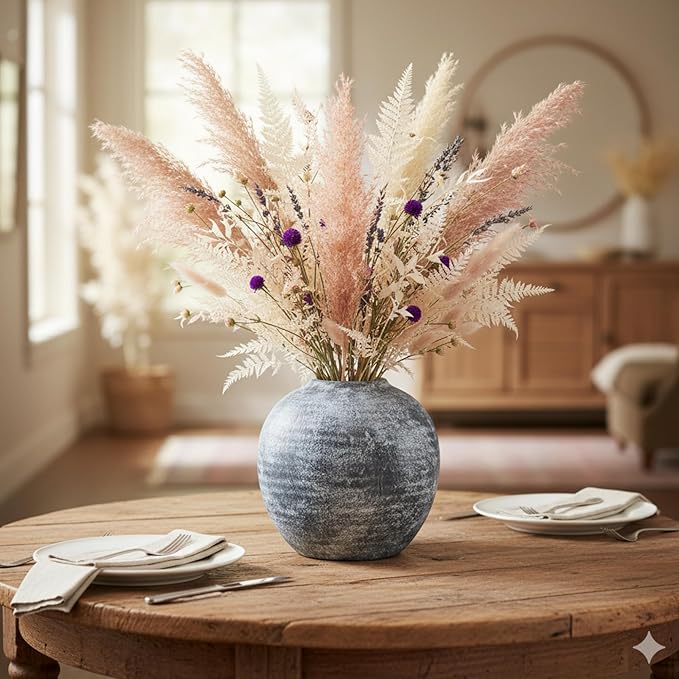 Farmhouse Rustic Ceramic Vase, 6.5 inch Gray-White Handcrafted Weathered Stone Pottery Terracotta Vintage Vases for Home Decor Living Room Table Shelf Decorative (Round - B)