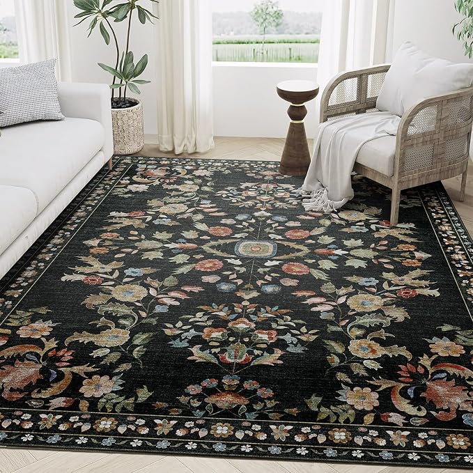 MUJOO 5x7 Area Rugs Washable,Black Floral Rugs for Living Room Bedroom Dining Room Playroom,Boho Indoor Floor Rug Large Non Slip Throw Carpet Low Pile Vintage