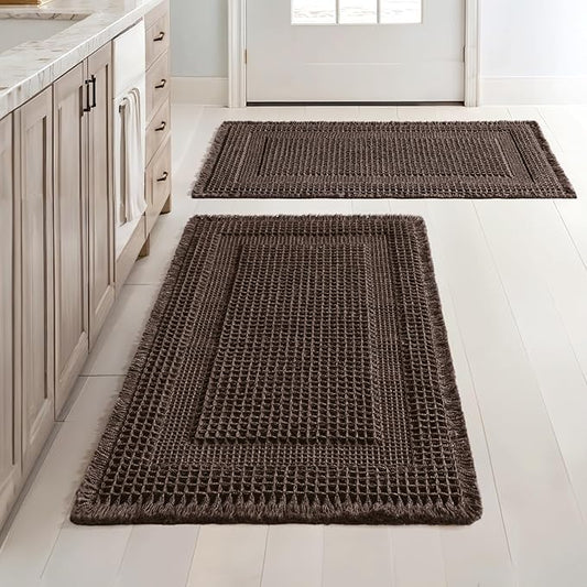 MIULEE Set of 2 Waffle Bathroom Rugs, Boho Bath Rug Super Absorbent, Non Slip Washable Ultra Soft Rubber Backed Shower Bath Mats for Floor, Tub, Shower, Looped Design, Chocolate, 18x30 Inch