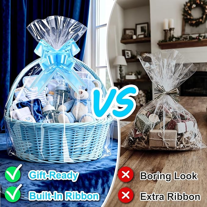 PigPotParty 24"x30" Clear Cellophane Gift Bags - Includes Bows – 10 Pack Large Cellophane Wrap for Gift Baskets, Plastic Gifts Bags for Gift Giving