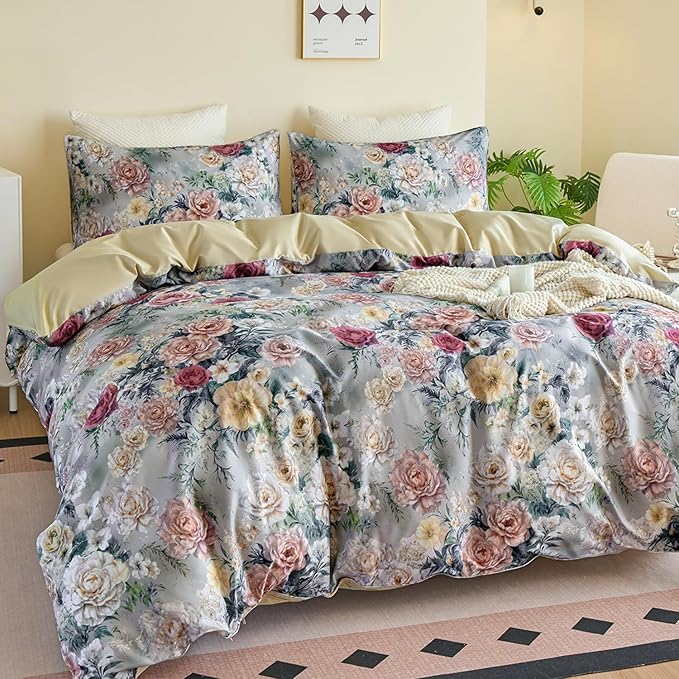 Blue Floral Duvet Cover Set 100% Percale Cotton King Size Shabby Vintage Chic Penoy Patterned Comforter Covers with Zipper，Soft & Breathable French Country Bedding 3Pcs-Not Comforter