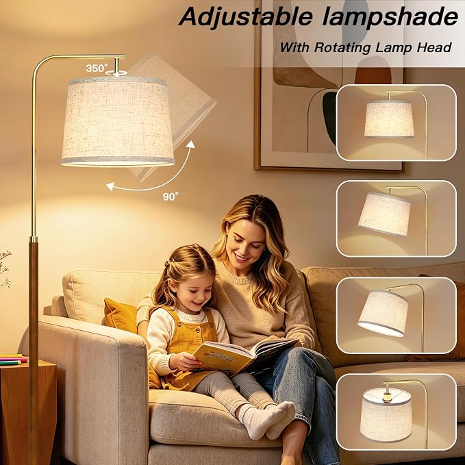 CINKEDA Wood Arc Floor Lamp,63" Tall Mid Century Modern Standing Lamp with Foot Switch & 3 Color Temperatures,Vintage Floor Lamps for Living Room Bedroom Office Reading Corner (Bulb Included),Walnut-B