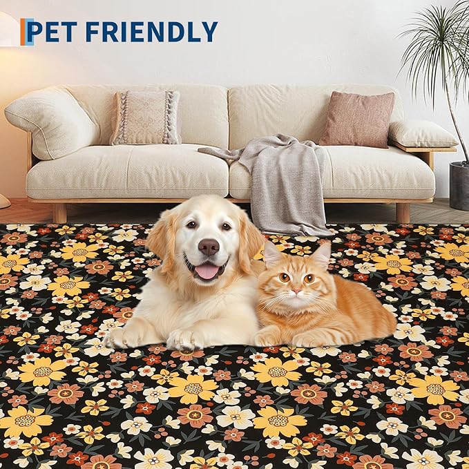 9x12 Area Rug Washable Modern Floral Rug for Living Room Low Pile Soft Bedroom Rugs Non Slip Modern Indoor Large Carpet Thin Foldable Floral Carpet for Nursery Dining Playroom, Black