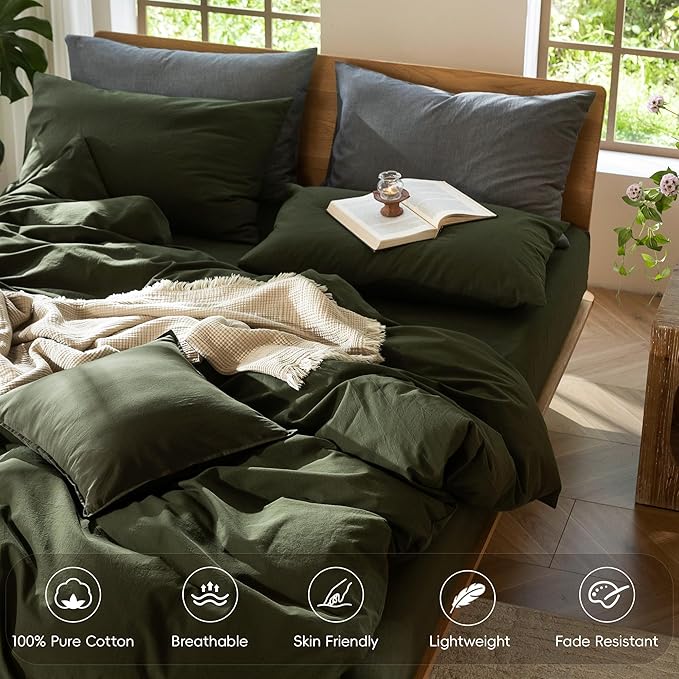 MooMee Bedding Duvet Cover Set 100% Washed Cotton Linen Like Textured Breathable Durable Soft Comfy (Solid Olive Green, Super Queen 90"x98")