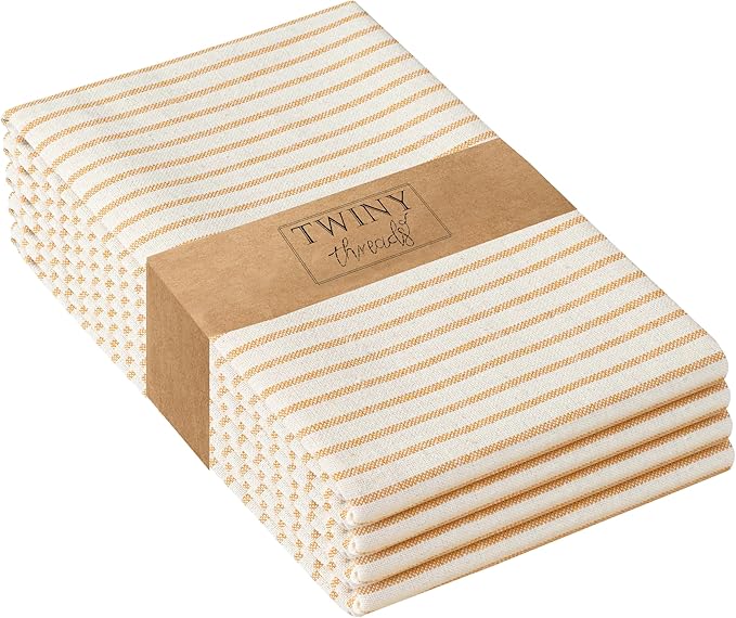 TWINY threads Set of 4 Vintage Stripe Kitchen Towels (18x26 Inches) Premium Tea Towels with Hanging Loop, Highly Absorbent 100% Cotton Bulk Kitchen Hand Towels for Drying Cleaning - Mustard Yellow