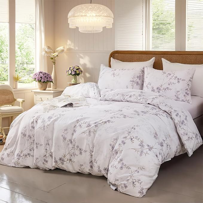 Floral Duvet Cover Queen Size - 100% Nature Cotton Reversible Grayish Flower Bedding Set with Zipper Closure, 3 Pieces Soft & Breathable Beige Comforter Cover