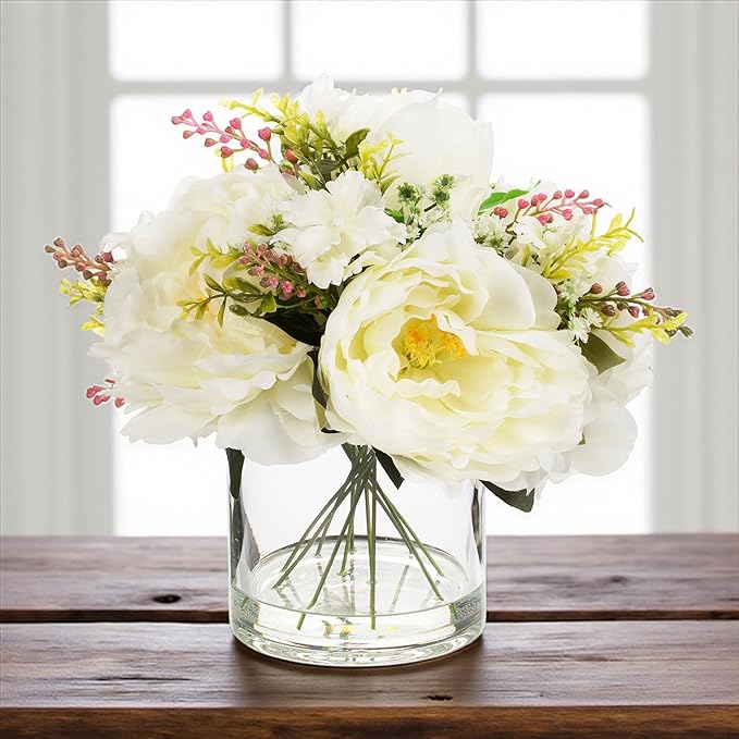 ENOVA FLORAL Artificial Silk Flower Arrangement with Vase,Mixed Artificial Silk Peony Flower in Vase for Decoration Home Office, Wedding Centerpiece (Cream)