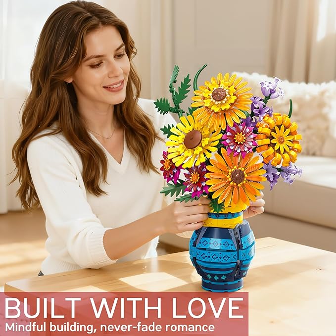 Flower Bouquet Building Blocks Set with Vase, Women Men Teen Girls Gifts for Christmas, 1065PCS Sunflower Botanical Collection Artificial Flower Decor Birthday Gifts for Her Him Wife Mom Grandma Adult