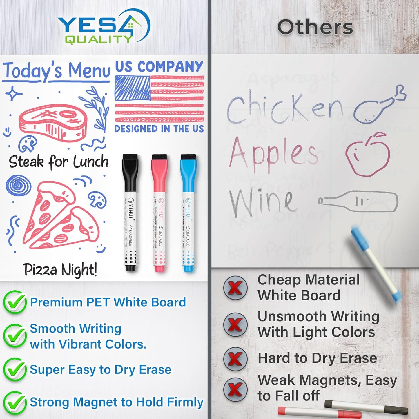 YES4QUALITY Magnetic Dry Erase Whiteboard Sheet - Stain Resistant 12x8 in | Includes 3 Markers & Big Eraser