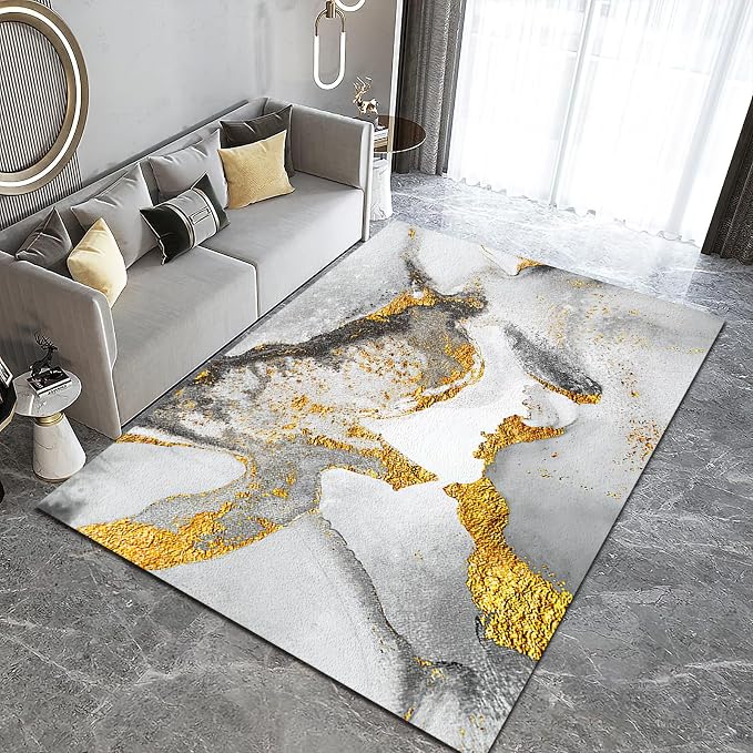 Light Luxury Gray Gold Marble Area Rug, Modern Marble Non Slip Accent Rug, Machine Washable Durable Carpet for Indoor Bedroom Living Room Office Decor Rug - 6 ft x 8 ft