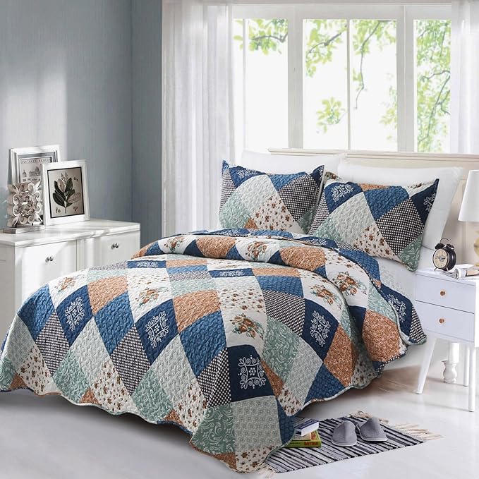 Dinjoy Reversible Patchwork Quilt Bedding Set King Size Blue Green Grey Plaid Floral Pattern Bedspread Set Soft Microfiber Coverlets Bed Set 3 Pieces Fall Autumn All Season Use