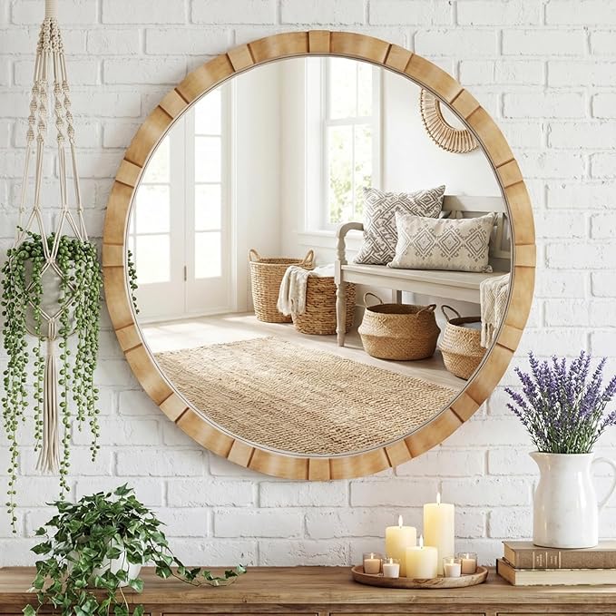 Wood Round Wall Mirror - 31.5" Farmhouse Rustic Wall Decorative Mirrors, Wooden Circle Boho Accent Mirror for Living Room, Bedroom, Bathroom, Hallway, Fireplace, (Natural)