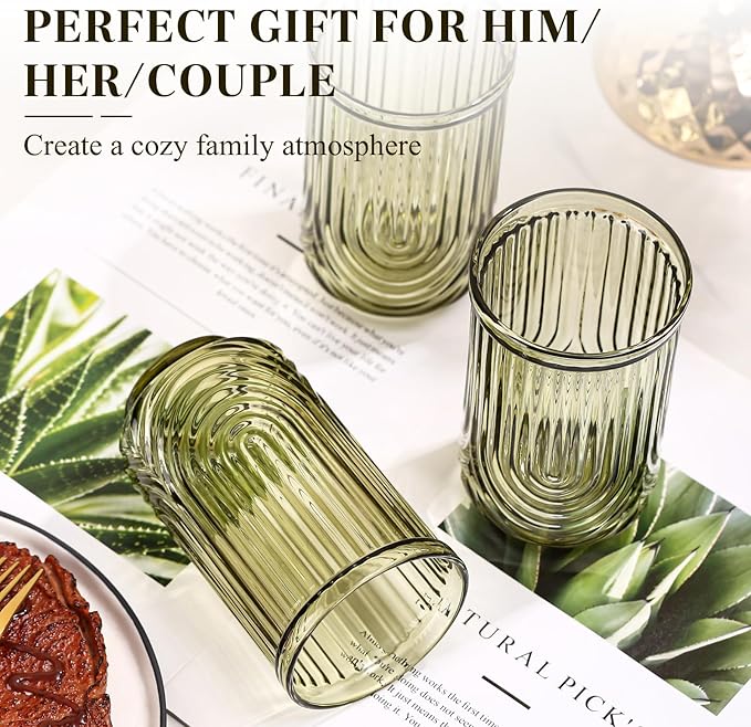 Green Vintage Drinking Glasses Set of 6-17oz Hand-Blown Highball Ribbed Glassware, Arch Design Cocktail Glasses for Whiskey Water Beverages Ice Coffee Juice Milk