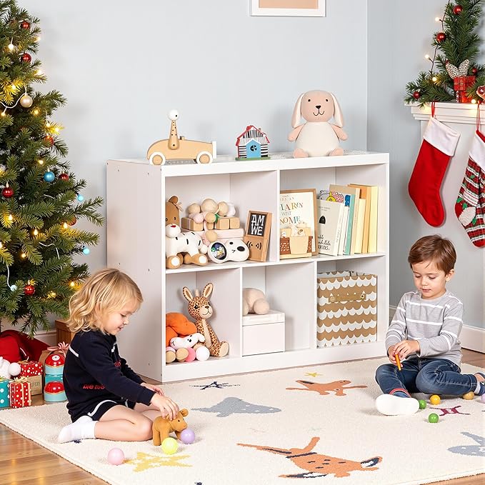 Toy Storage Organizer, 5-Section Kids Bookcase with Raised Edge, Children's Toy Shelf Cabinet for Playroom Bedroom Daycare Nursery School, Montessori Bookshelf for Boys & Girls (2-Tiers)