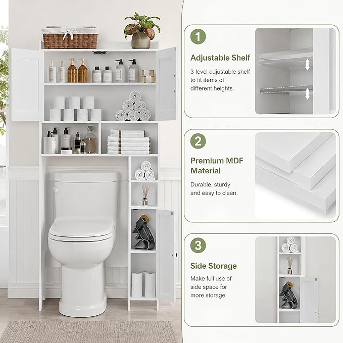 Homhedy Over The Toilet Storage Cabinet, White | 2 Barn Door, Toilet Paper Holder Stand, Freestanding Toilet Shelf, Space Saver, for Bathroom, Restroom, Laundry